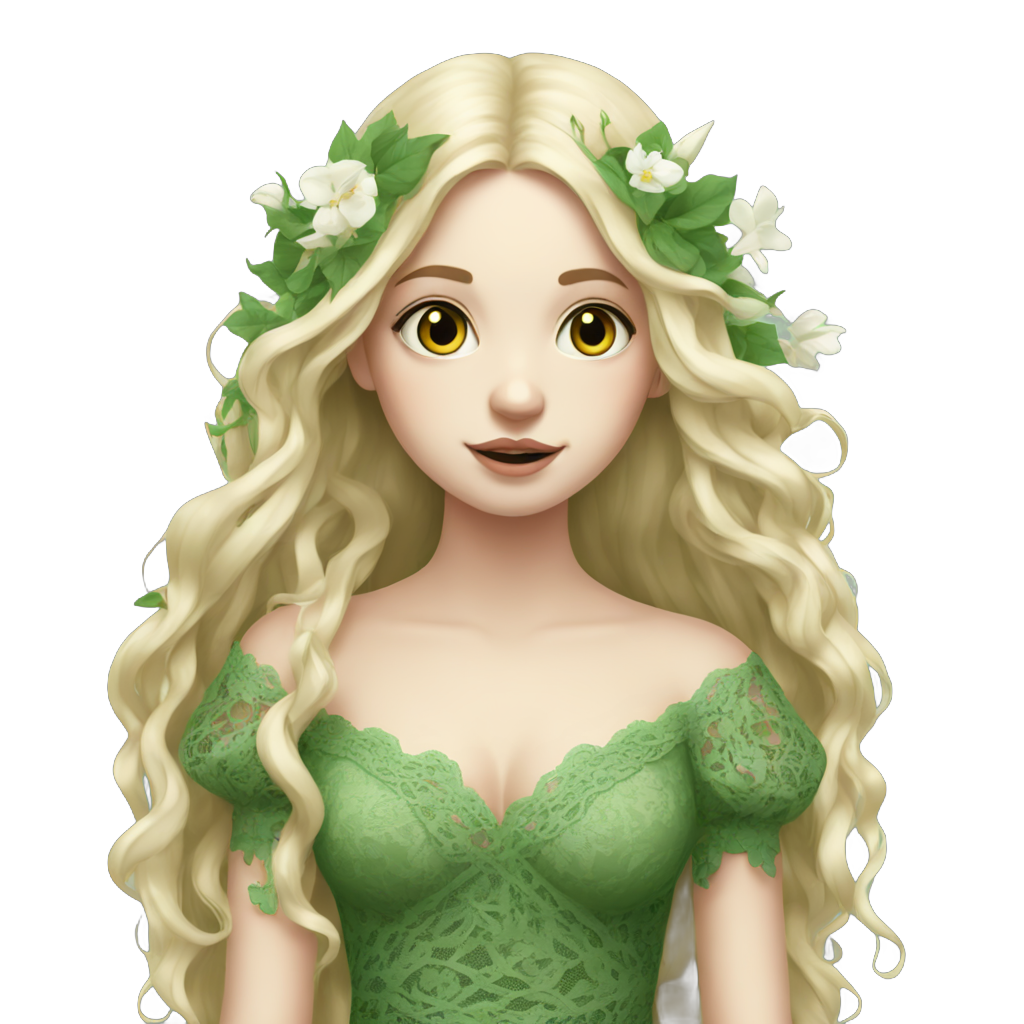 Eva's Avatar: Blonde white girl in a green dress with white bindweed flowers woven into her hair